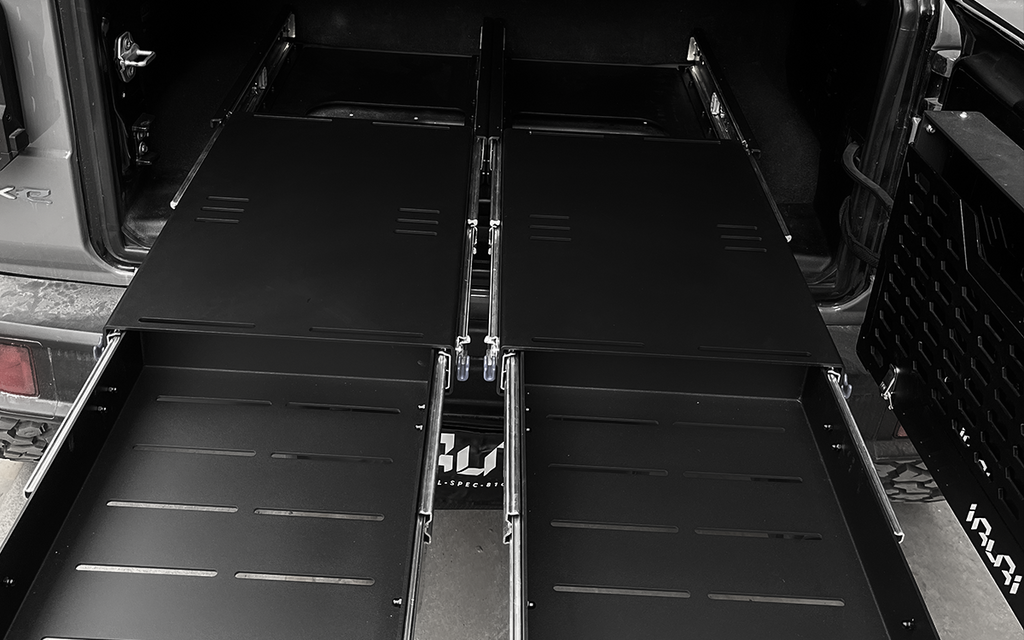 Upgrade your Jeep with the IRURI Dual-Drawer Cargo Management System. Heavy-duty steel, smooth-glide drawers, and padlock-ready for JL & JL4XE&JL RUBICON.