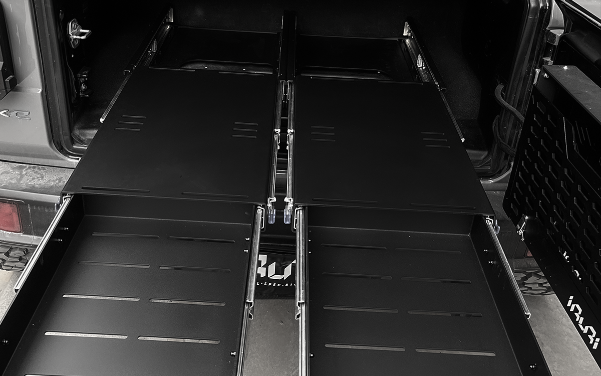 Upgrade your Jeep with the IRURI Dual-Drawer Cargo Management System. Heavy-duty steel, smooth-glide drawers, and padlock-ready for JL & JL4XE&JL RUBICON.