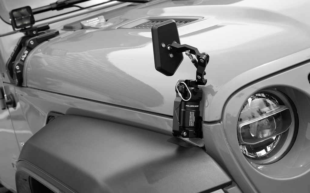 Upgrade your Jeep with the IRURI Grenade Hood Latch & Sand Mirror Kit. CNC aluminum durability, easy bolt-on install, and better trail visibility.