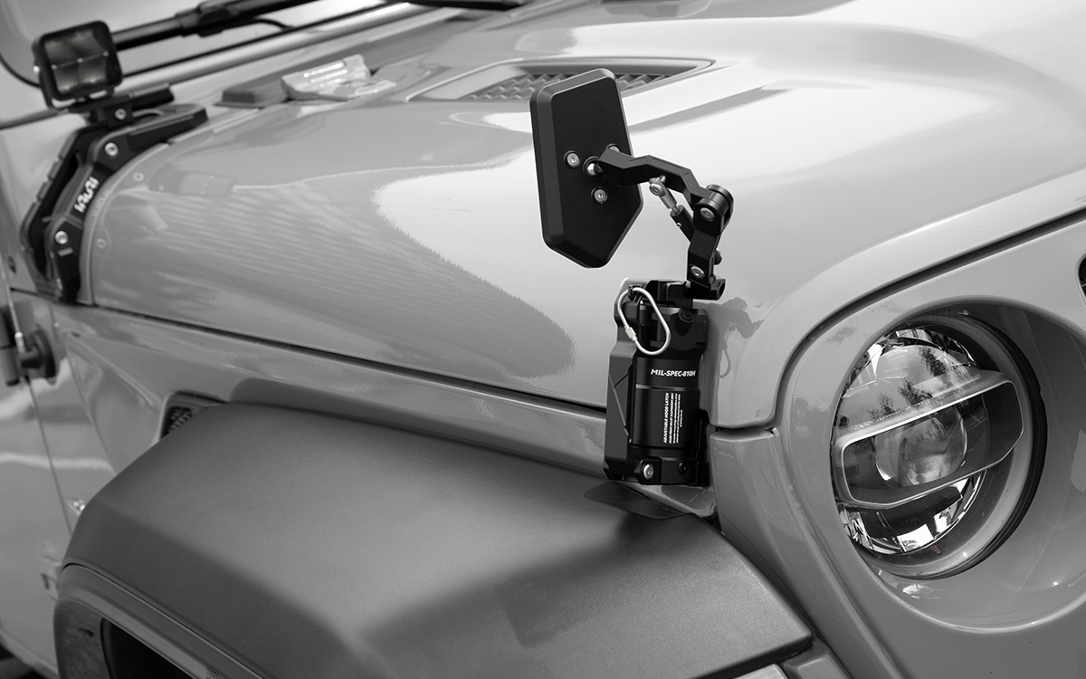 Upgrade your Jeep with the IRURI Grenade Hood Latch & Sand Mirror Kit. CNC aluminum durability, easy bolt-on install, and better trail visibility.