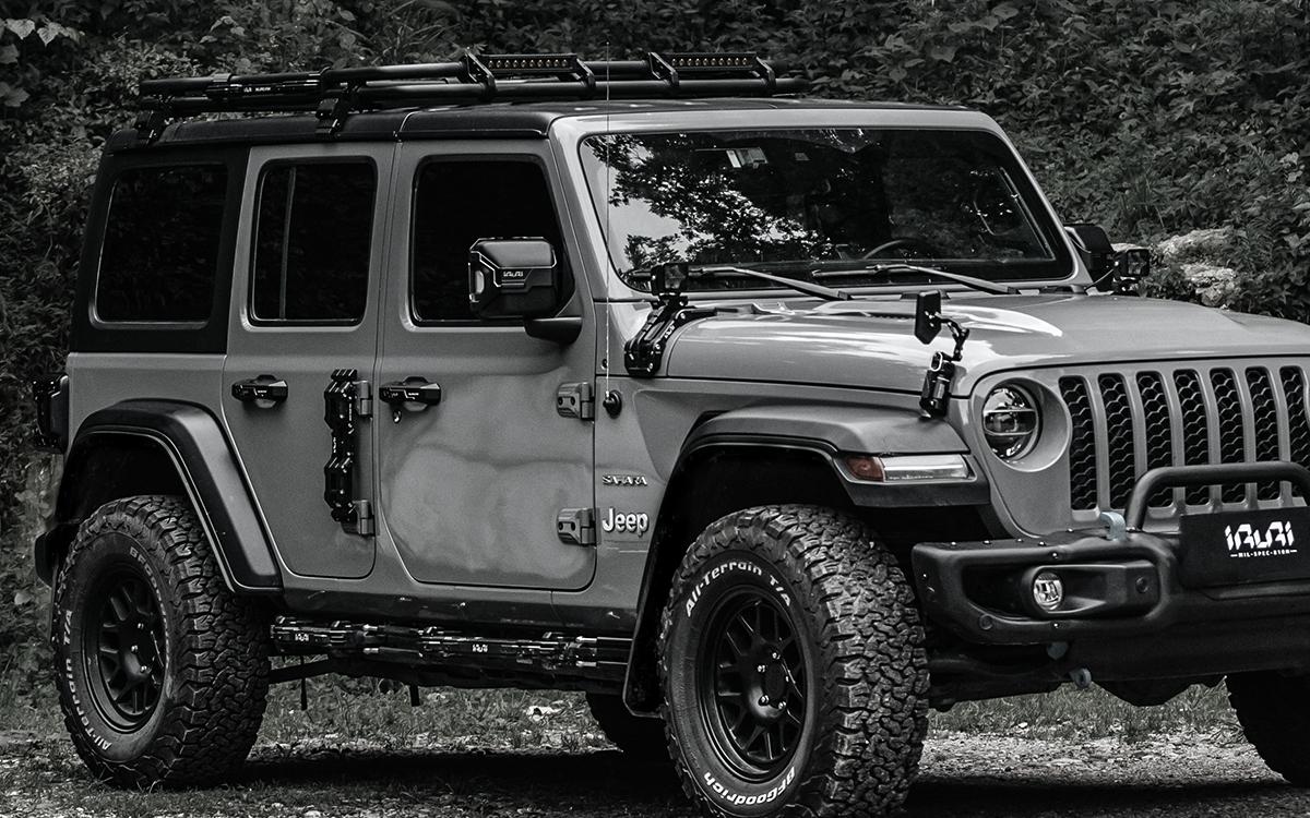 Upgrade night trails with the IRURI Origin A-Pillar Light Mount for Jeep JL & 4xe. No-drill install, CNC aluminum durability, and MIL-SPEC strength.