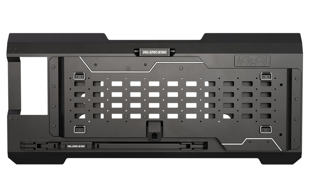 Upgrade your Jeep with the IRURI Rear Tailgate Expansion Panel. CNC aluminum gear rack for quick access and extra storage on overland trips.