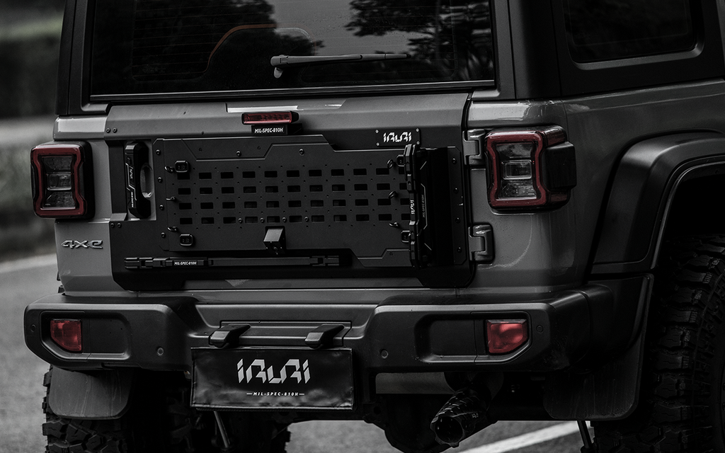 Upgrade your Jeep with the IRURI Rear Tailgate Expansion Panel. CNC aluminum gear rack for quick access and extra storage on overland trips.