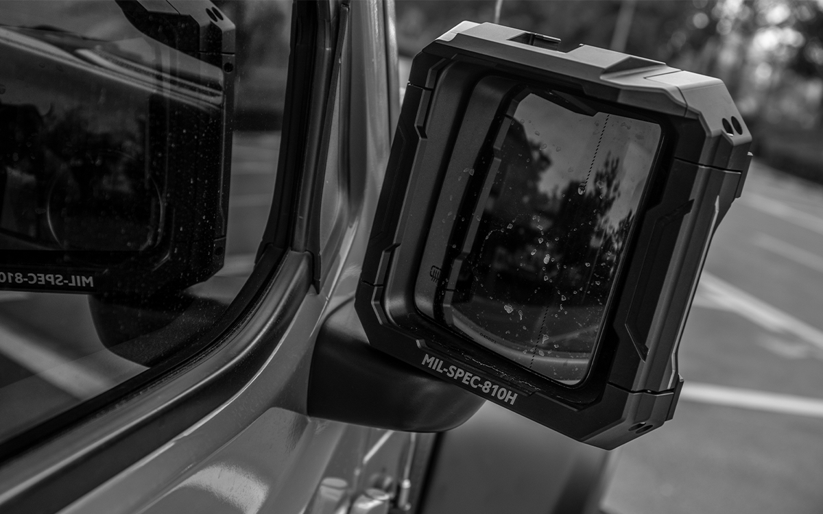 Protect your Jeep with IRURI Side Mirror Covers. CNC aluminum armor, MIL-SPEC durability, and built-in action camera mounts for Wrangler JL & JT& JL4XE