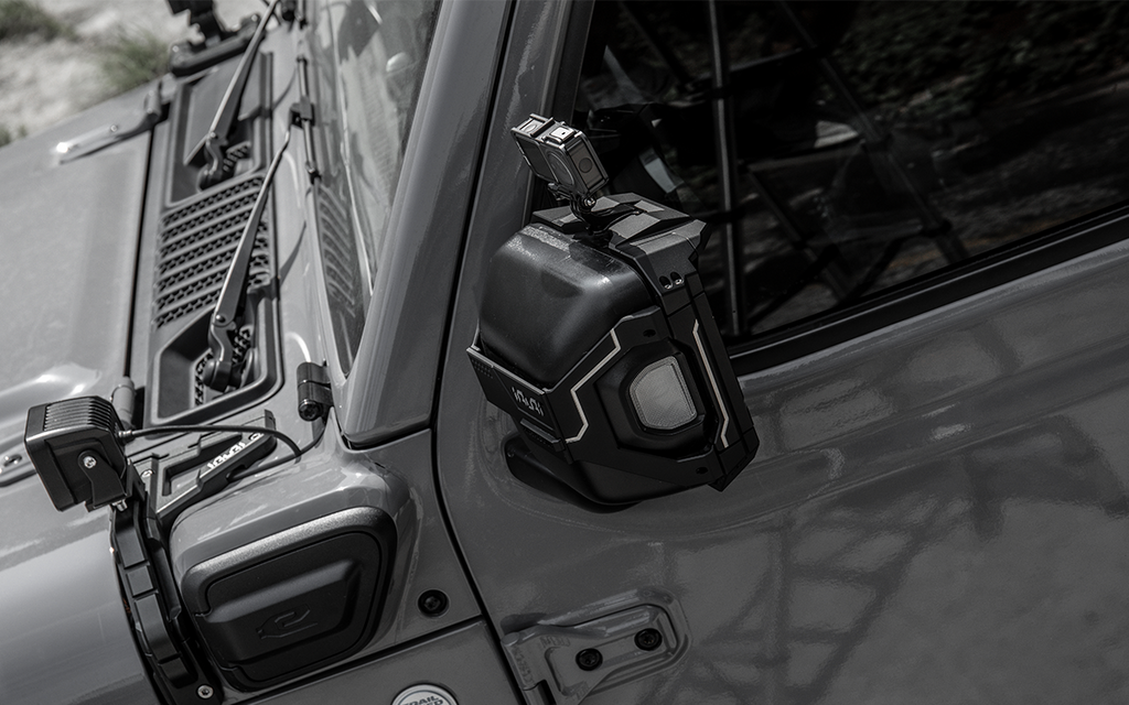 Protect your Jeep with IRURI Side Mirror Covers. CNC aluminum armor, MIL-SPEC durability, and built-in action camera mounts for Wrangler JL & JT& JL4XE