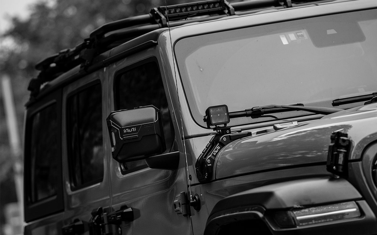 Protect your Jeep with IRURI Side Mirror Covers. CNC aluminum armor, MIL-SPEC durability, and built-in action camera mounts for Wrangler JL & JT& JL4XE
