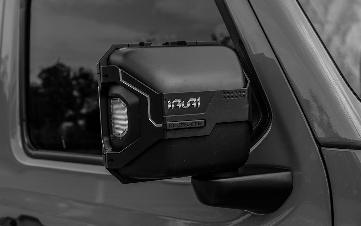 Protect your Jeep with IRURI Side Mirror Covers. CNC aluminum armor, MIL-SPEC durability, and built-in action camera mounts for Wrangler JL & JT& JL4XE