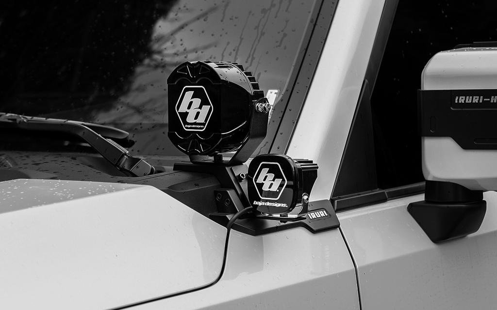 Upgrade with IRURI A-Pillar Light Mounts for GX550. Ditch light & GoPro bracket, non-invasive install, matte black for overlanding.