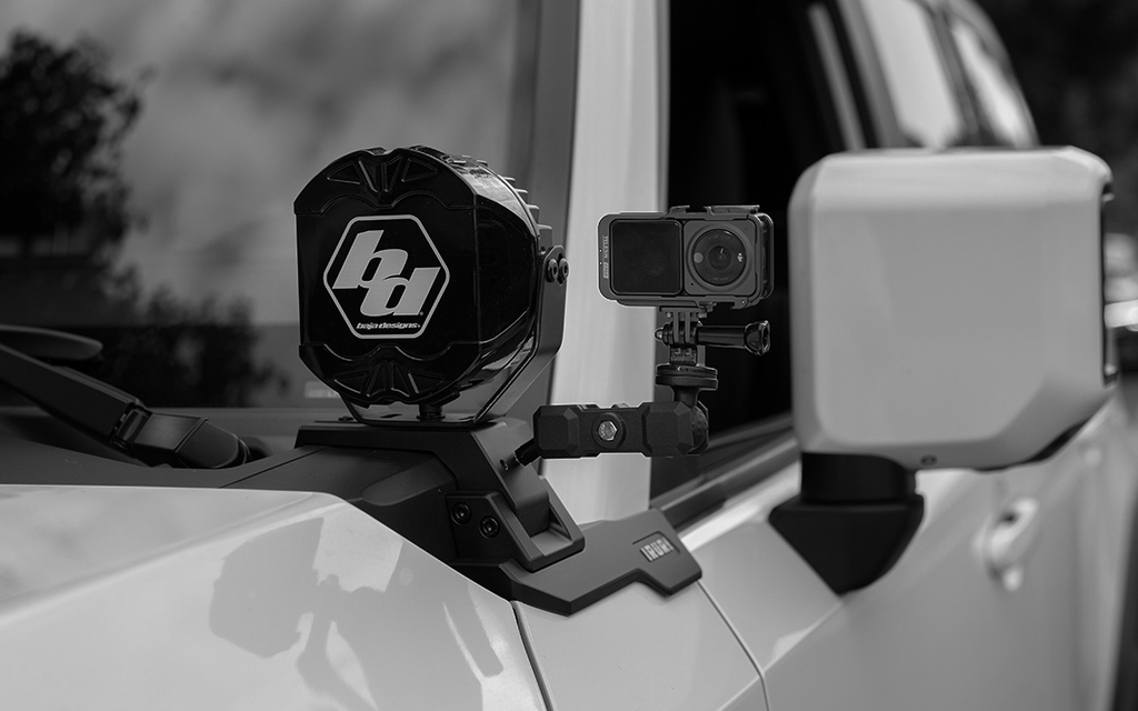 Upgrade with IRURI A-Pillar Light Mounts for GX550. Ditch light & GoPro bracket, non-invasive install, matte black for overlanding.