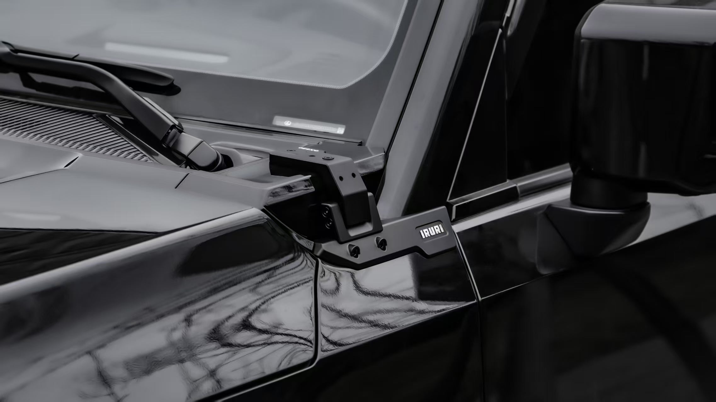 Upgrade with IRURI A-Pillar Light Mounts for GX550. Ditch light & GoPro bracket, non-invasive install, matte black for overlanding.