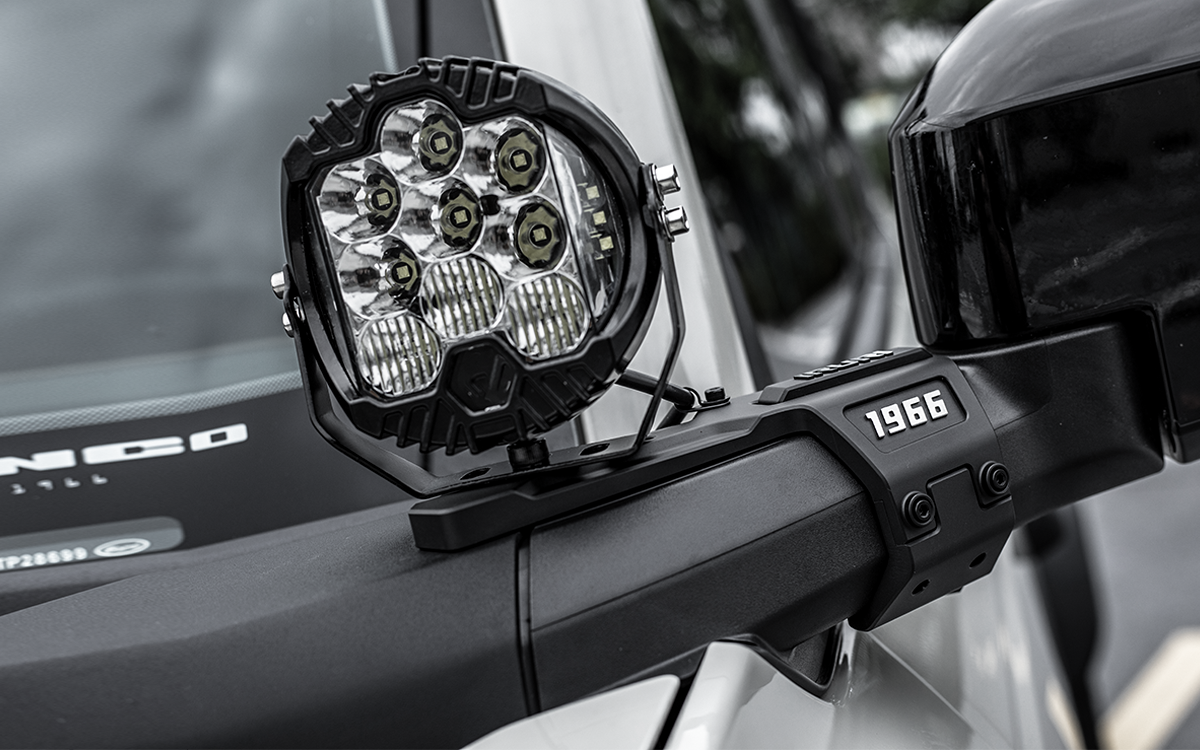 No-drill overland upgrade. 2021-2026 Ford Bronco A-pillar ditch light mounts. Heavy-duty brackets for LED pod lights. Wind-noise reducing tactical design.