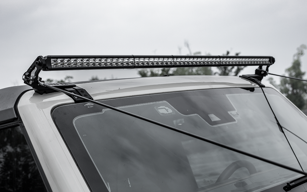 Upgrade your night ride. 2021-2026 Ford Bronco roof LED light bar mounting brackets. Heavy-duty, wind-noise reducing design. No-drill installation for 6th Gen.