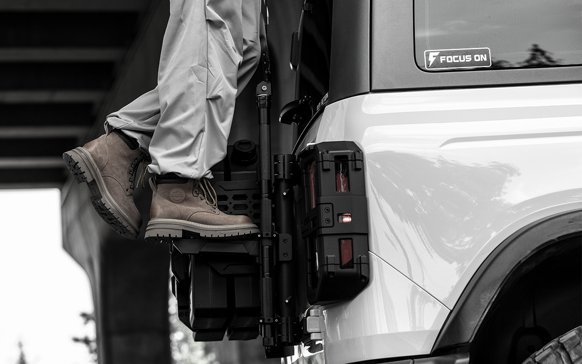 Ultimate off-road upgrade. 2021-2026 Ford Bronco heavy-duty no-drill rear whip flag and CB antenna mount bracket. Spare tire compatible, bolt-on design.
