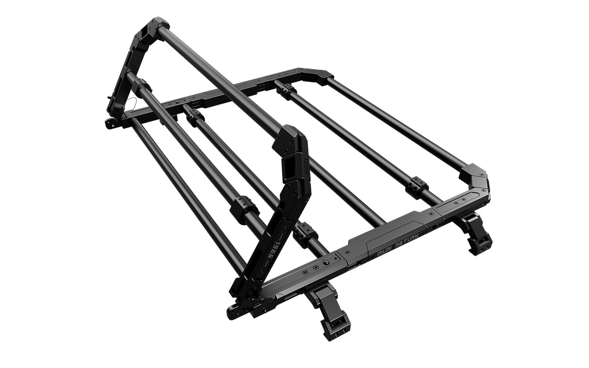 Ultimate overlanding utility. 2021-2026 Ford Bronco tactical folding roof rack platform. Heavy-duty design with noise-reducing folding mechanism. No-drill fit.