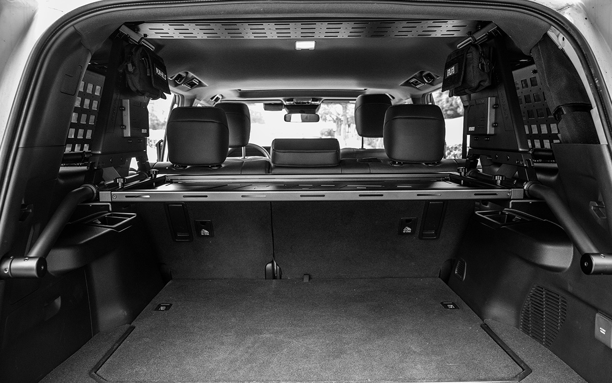 Upgrade your GX550 with the IRURI-HILLS Modular Cargo System. Steel build, removable field table, and MOLLE panels for a tactical trunk setup.