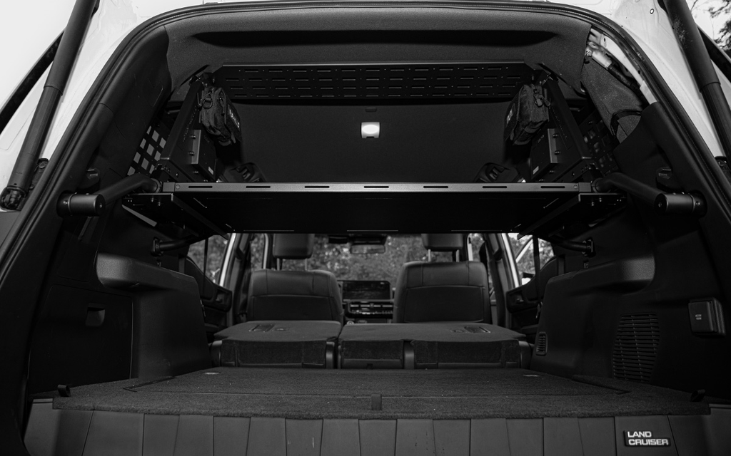 Upgrade your GX550 with the IRURI-HILLS Modular Cargo System. Steel build, removable field table, and MOLLE panels for a tactical trunk setup.