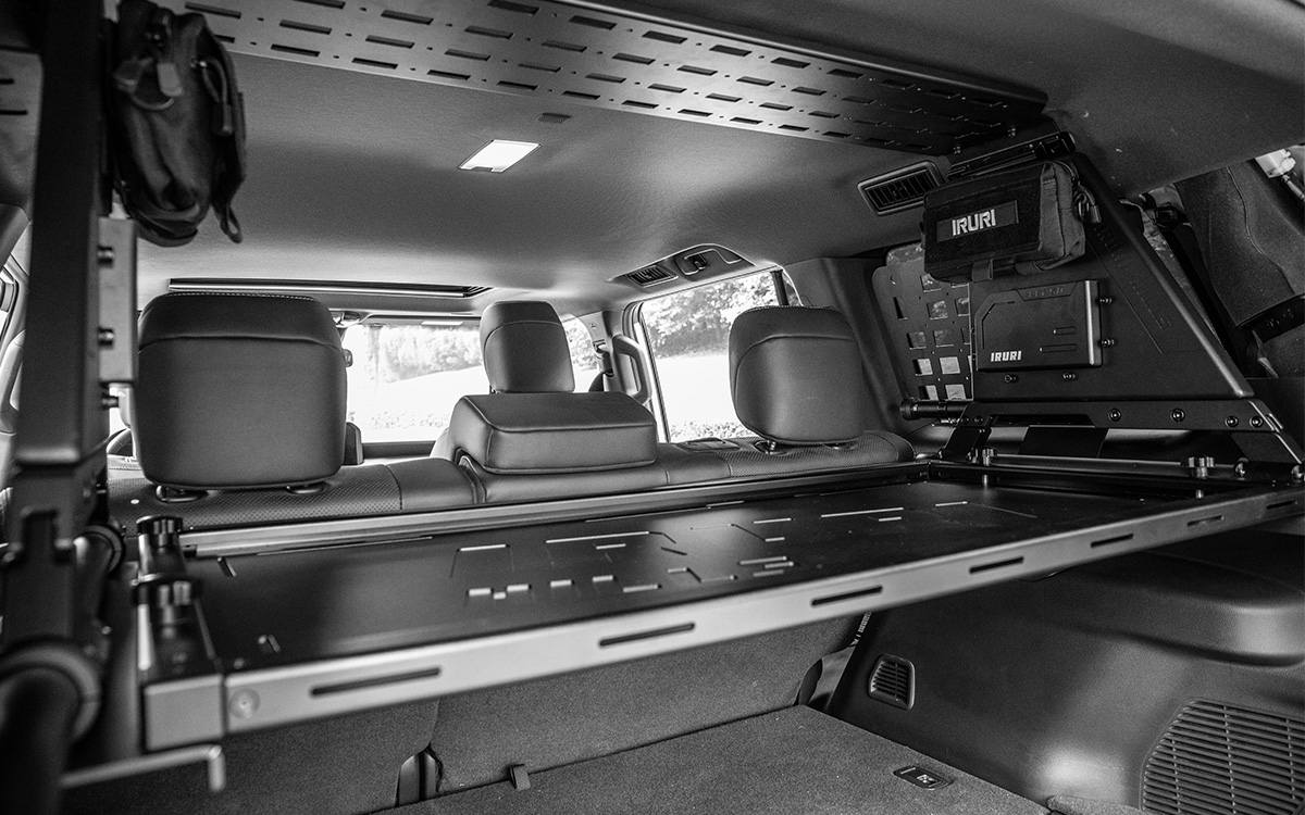 Upgrade your GX550 with the IRURI-HILLS Modular Cargo System. Steel build, removable field table, and MOLLE panels for a tactical trunk setup.