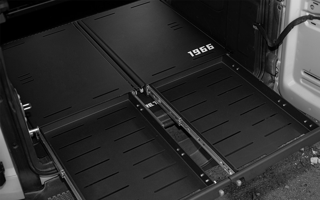 Turn your Bronco into a flat-bed camper with IRURI-HILLS. Features leveling drawers, under-storage & fishing mounts. The ultimate overland sleep platform.