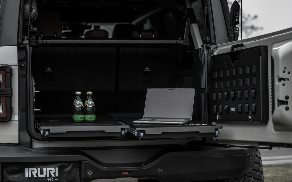 Turn your Bronco into a flat-bed camper with IRURI-HILLS. Features leveling drawers, under-storage & fishing mounts. The ultimate overland sleep platform.